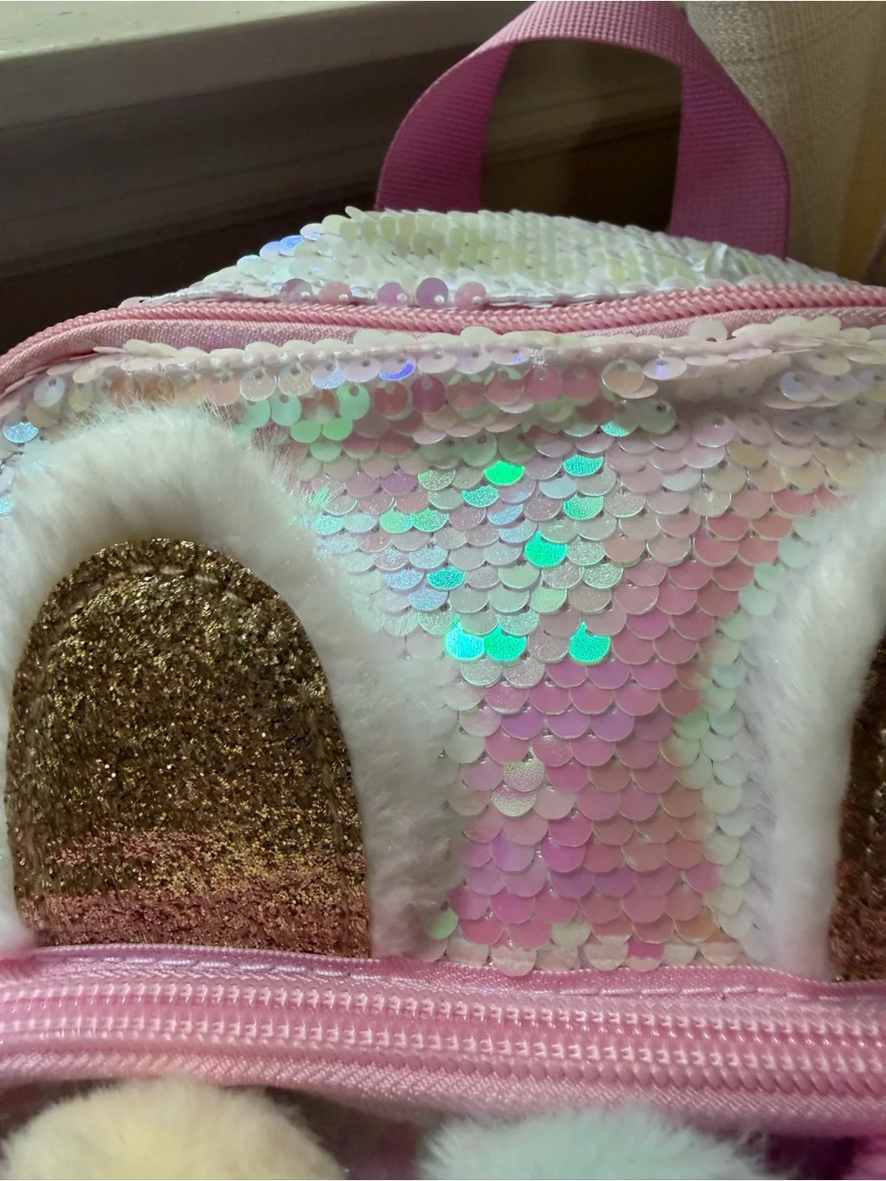 Cat & Jack Bunny Sequin Mini Backpack Pink Glitter Pom NWT